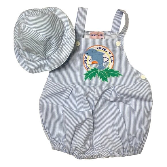 VTG NEW YORK KIDS Blue Stripe Dolphin Cove USA Romper & Hat 24M 100% Cotton VBC